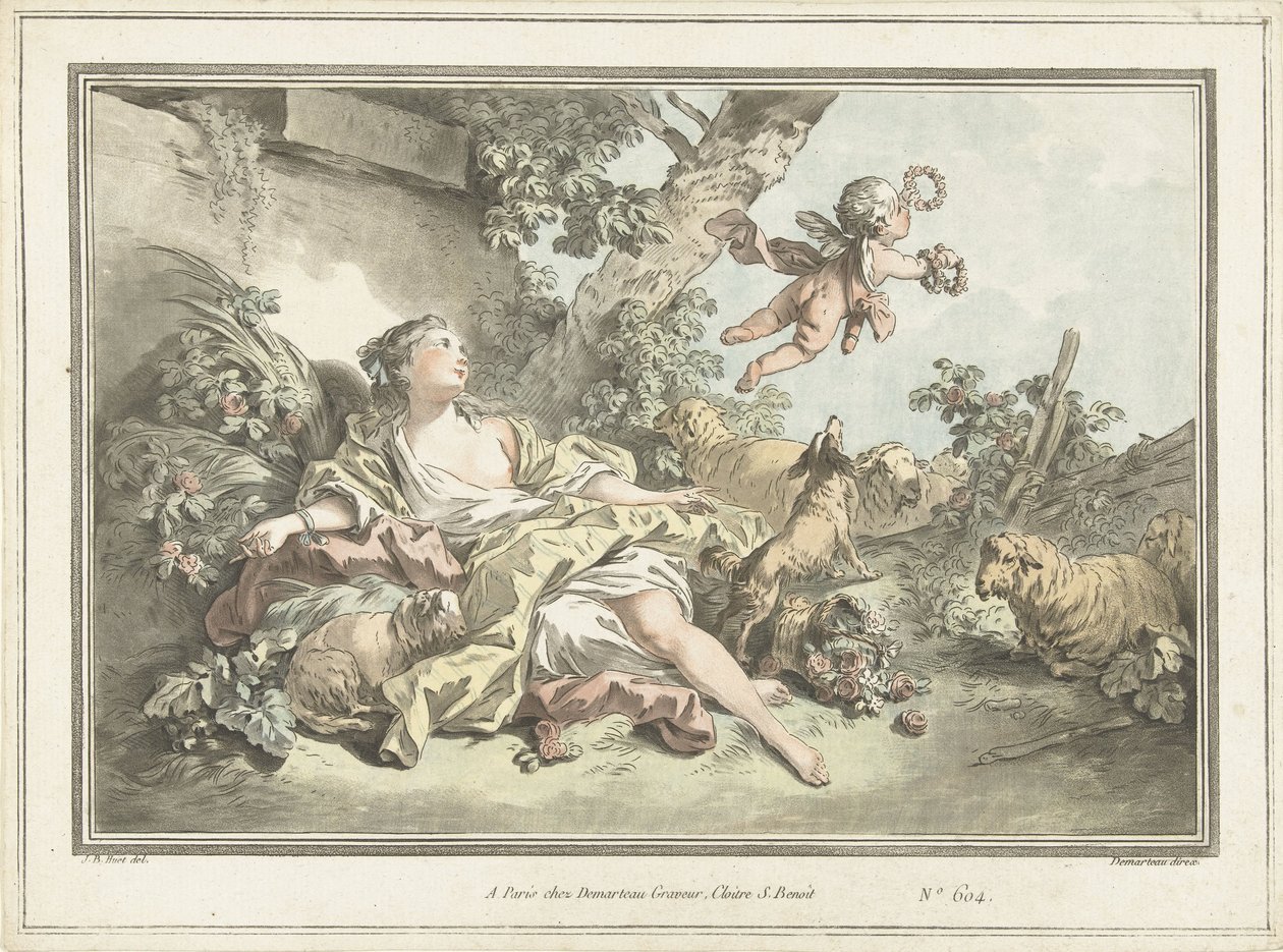 Hyrdinde med flyvende Amor af Gilles Antoine Demarteau
