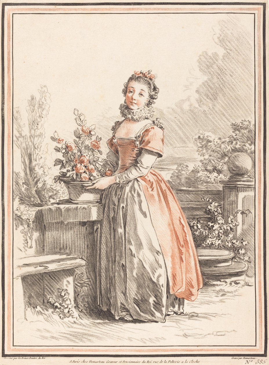 En ung kvinde, der står i en park af Gilles Antoine Demarteau after Jean Baptiste Le Prince