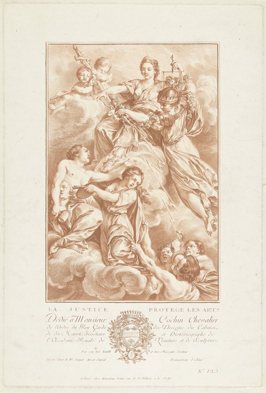 Allegori med Justitia som protektor for kunsten La Justice protégé les arts (titel på objekt) af Gilles Demarteau
