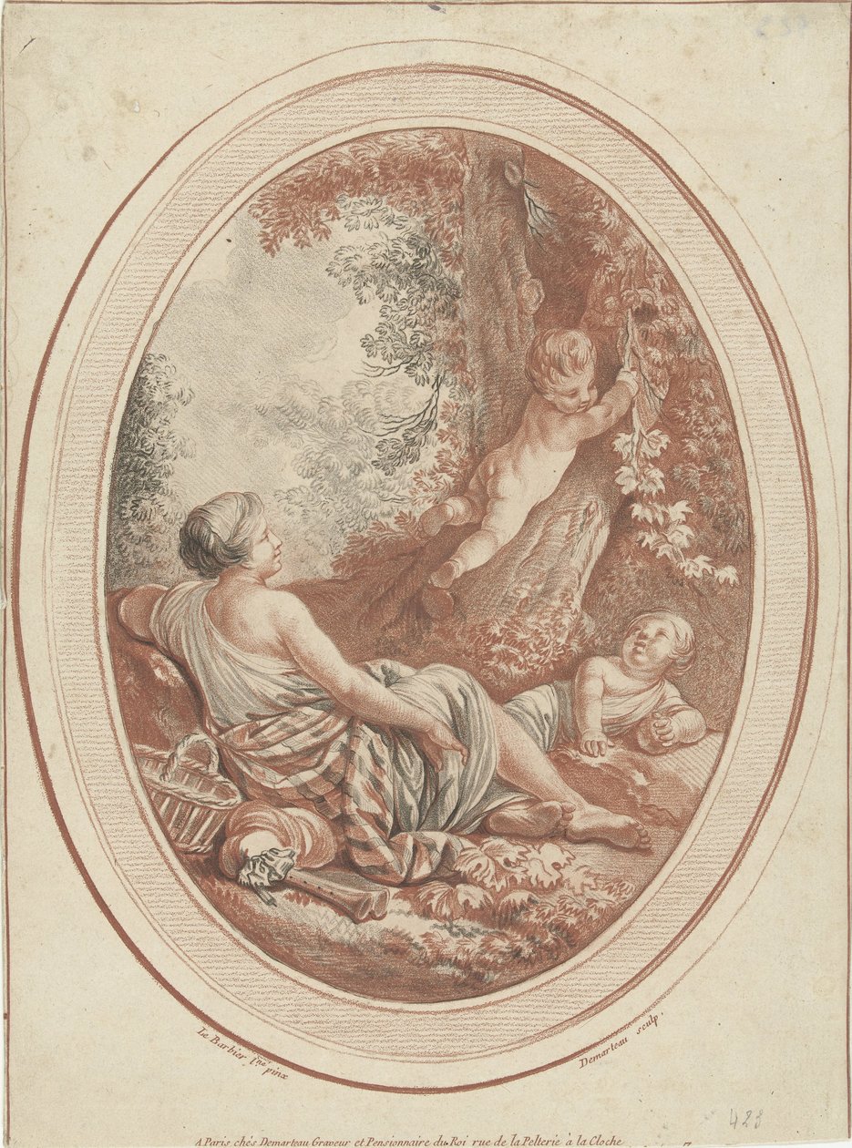 Bacchanal med nymfe og putti nær træer af Gilles Demarteau