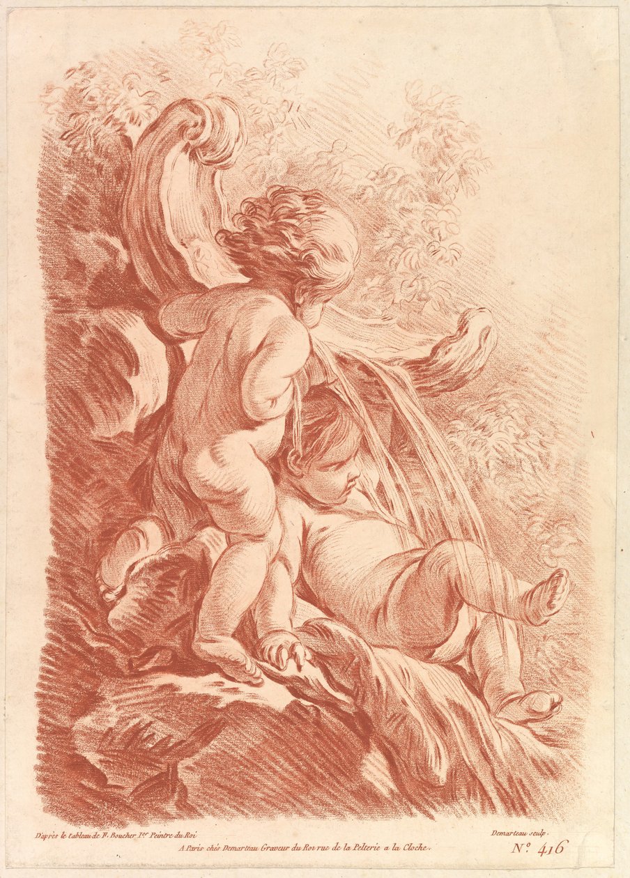 Springvand med to amoriner, ca. 1773. af Gilles Demarteau
