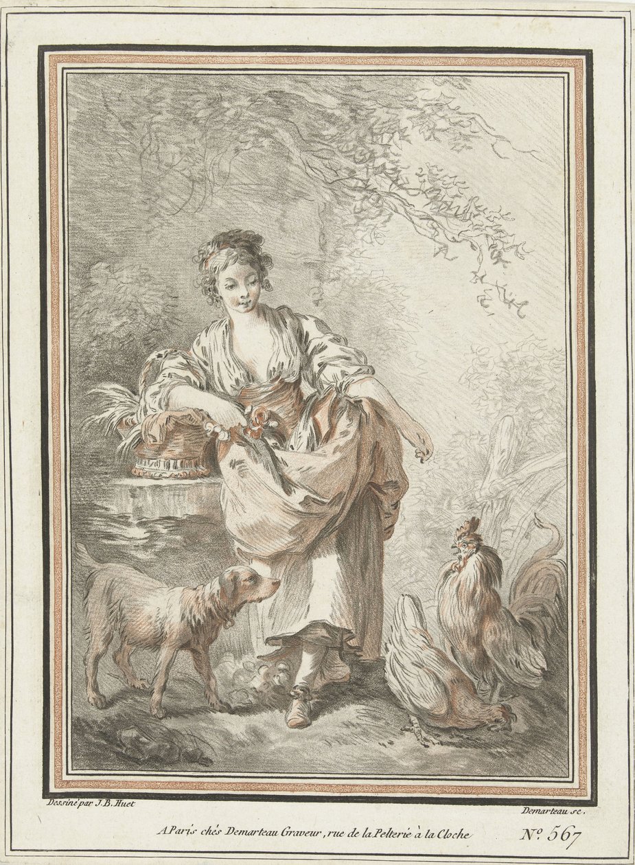 Ung kvinde med hund og hane og høne af Gilles Demarteau
