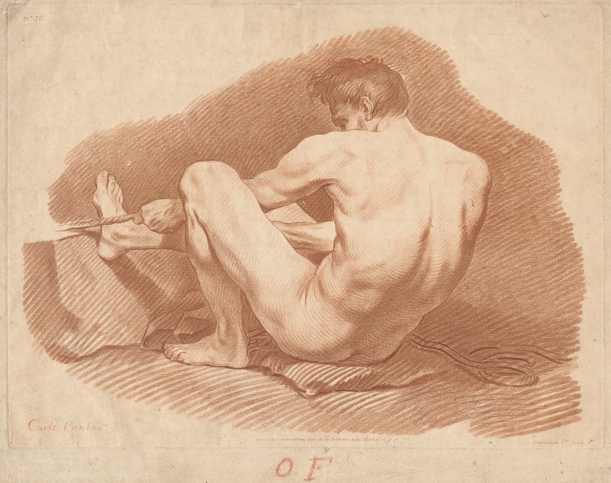 Siddende nøgen mand, set bagfra, trækker i et reb af Gilles Demarteau, the Elder after Carle Van Loo