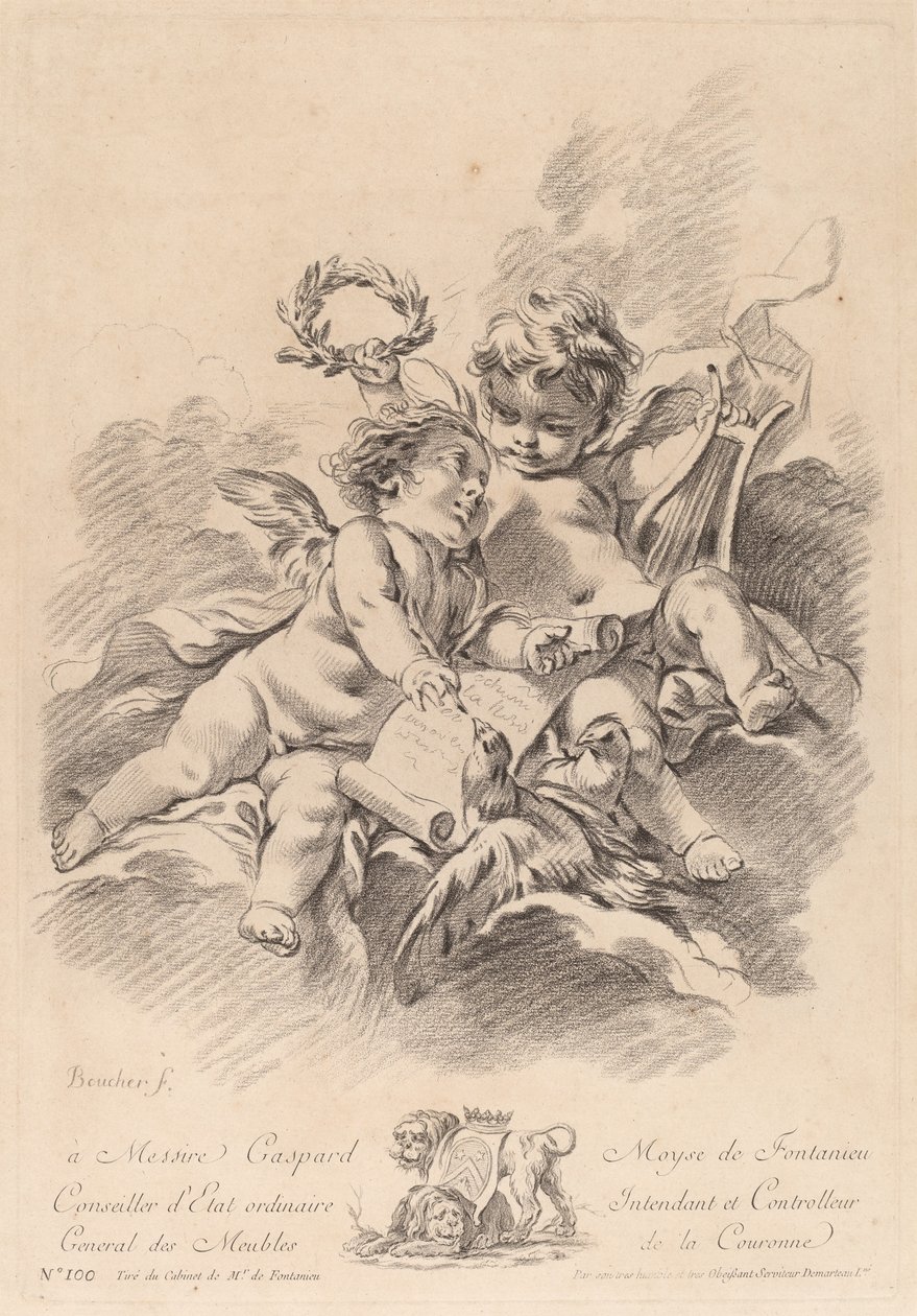 Allegori af musik med to keruber og duer (100) af Gilles Demarteau the Elder after François Boucher