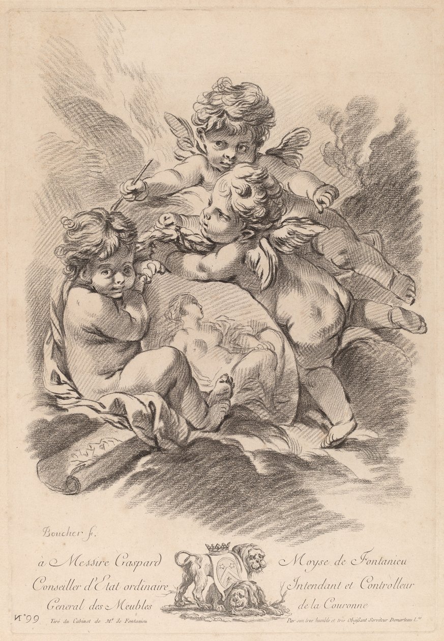 Allegori om maleri med tre keruber (99) af Gilles Demarteau the Elder after François Boucher