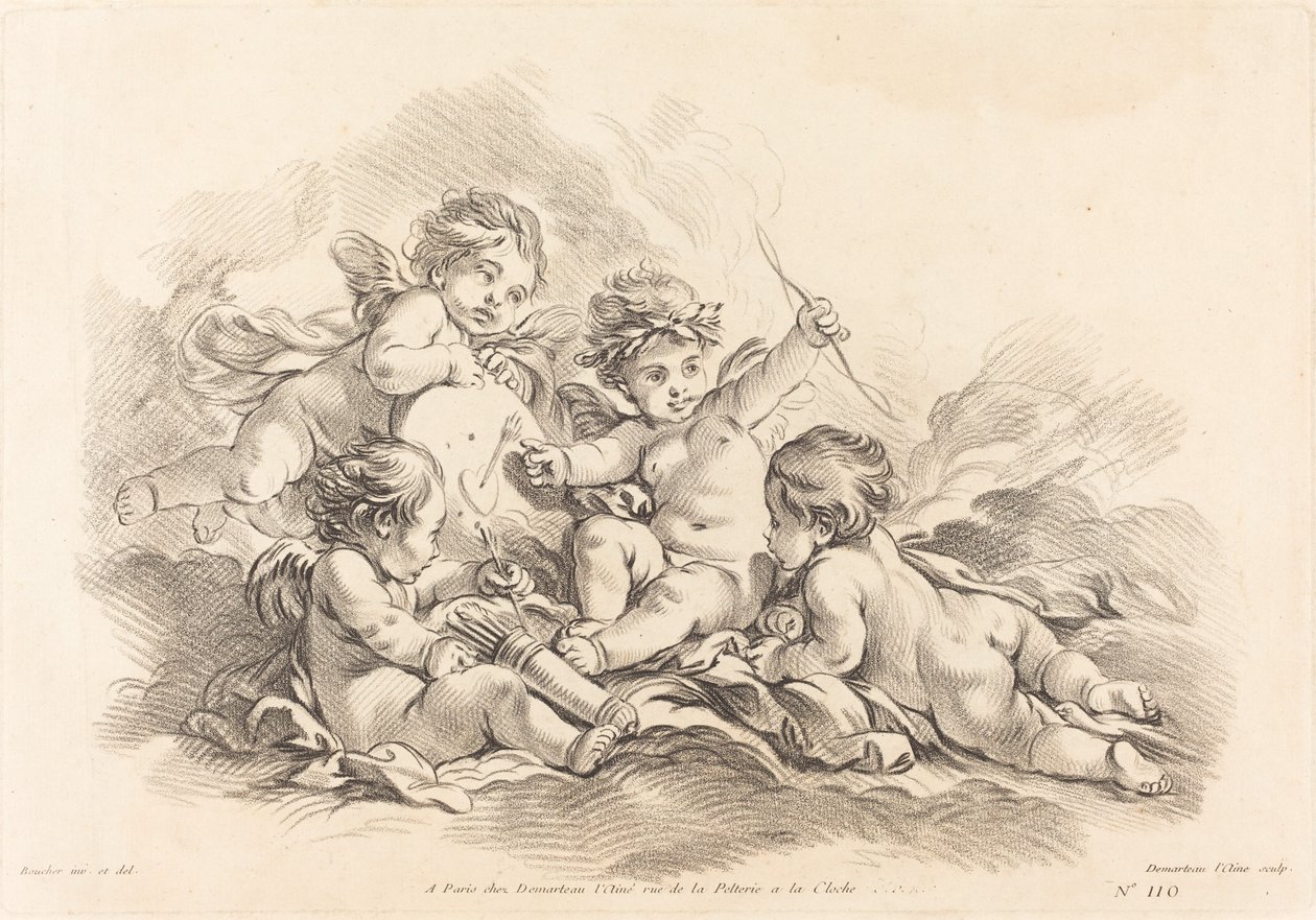 Fire keruber ved måltræning af Gilles Demarteau, the Elder after François Boucher