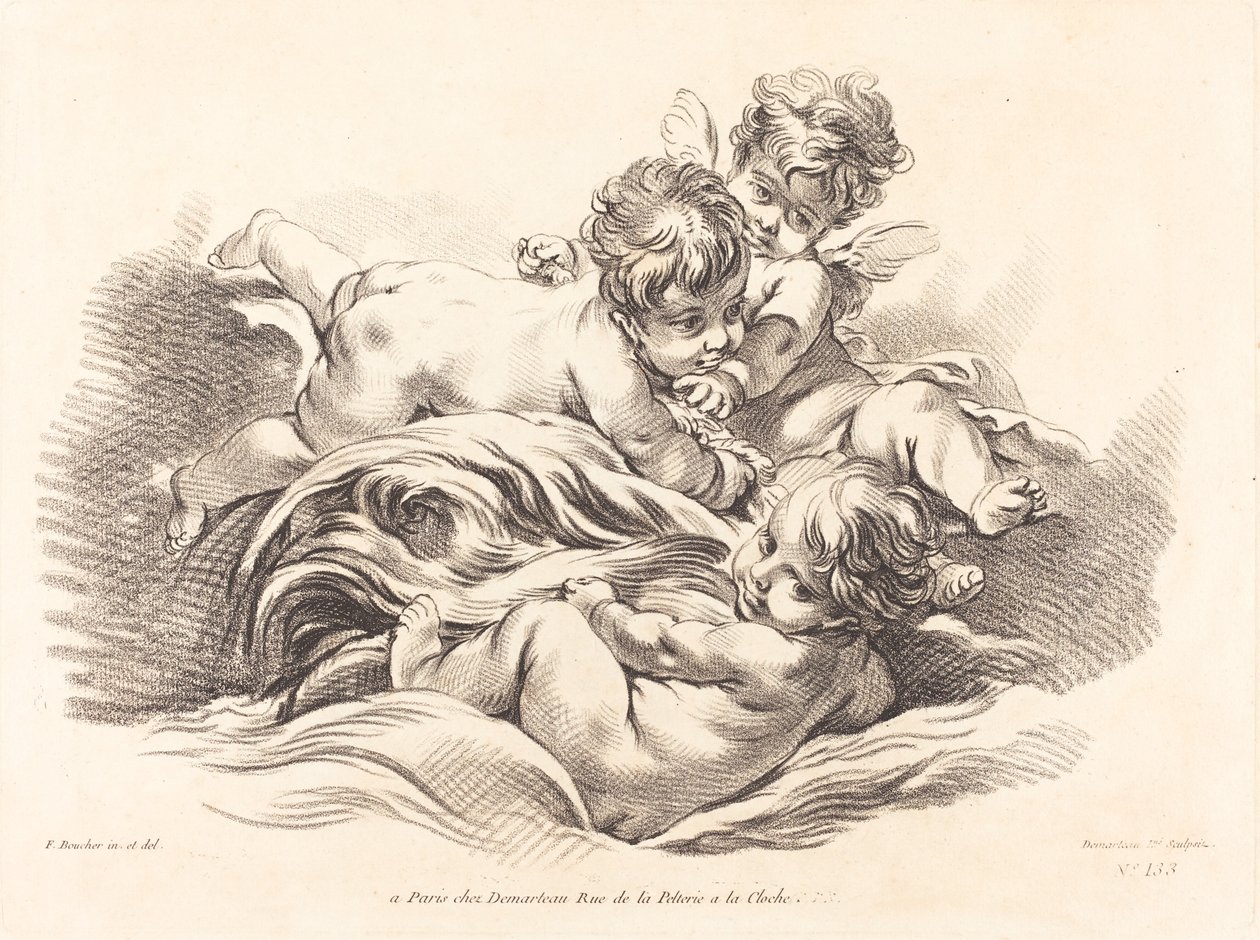 Tre keruber spiller på delfin som bølge af Gilles Demarteau, the Elder after François Boucher