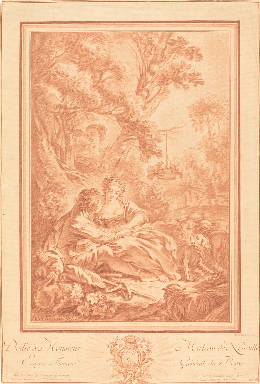 To elskende siddende ved foden af et stort træ, overrasket af to piger af Gilles Demarteau, the Elder after François Boucher