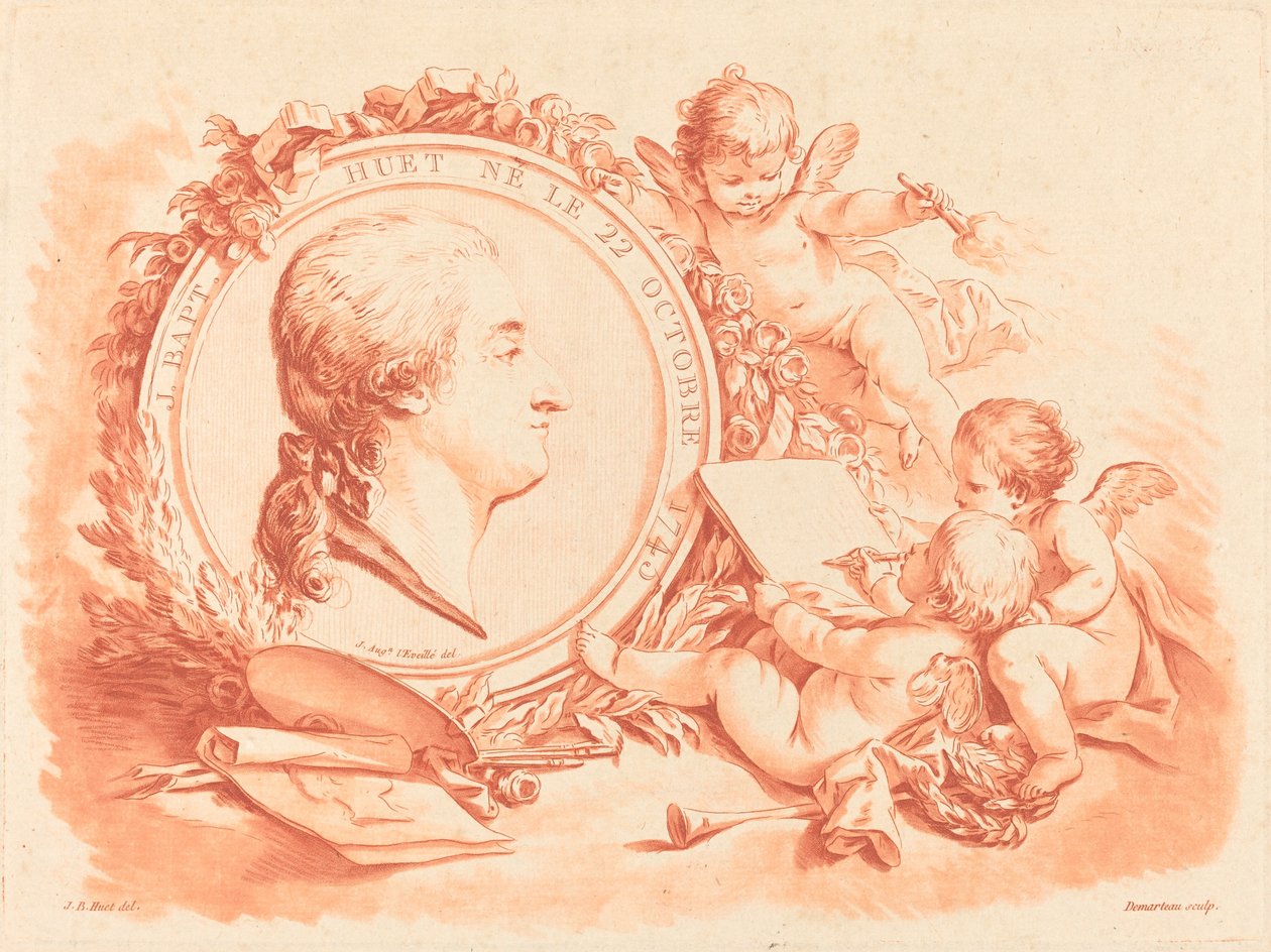 Allegorisk portræt af Jean-Baptiste Hüet af Gilles Demarteau, the Elder after Jean Baptiste Hüet, I after Jean Augustin Léveillé