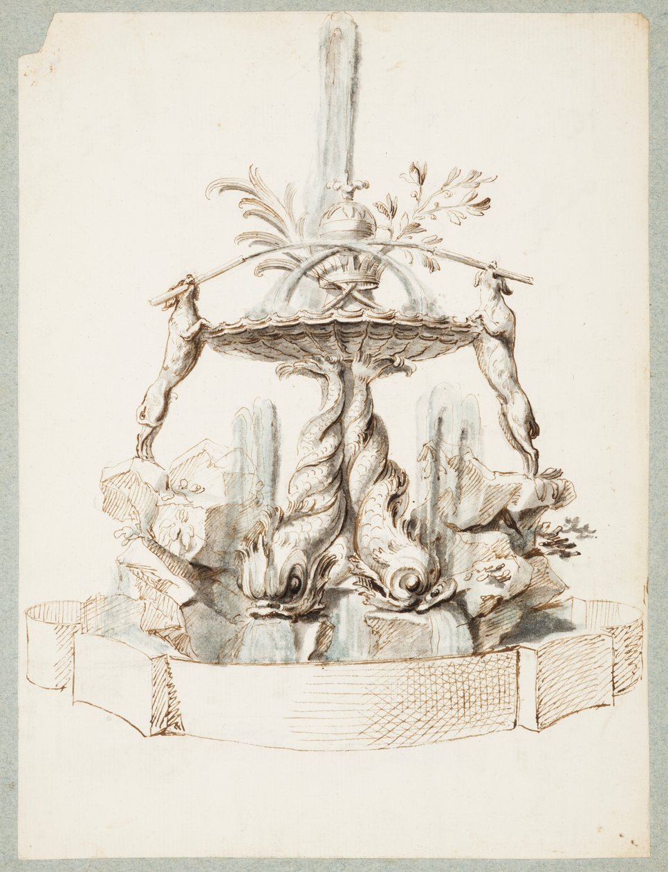 Design til et springvand understøttet af delfiner og to hunde af Gilles Marie Oppenord