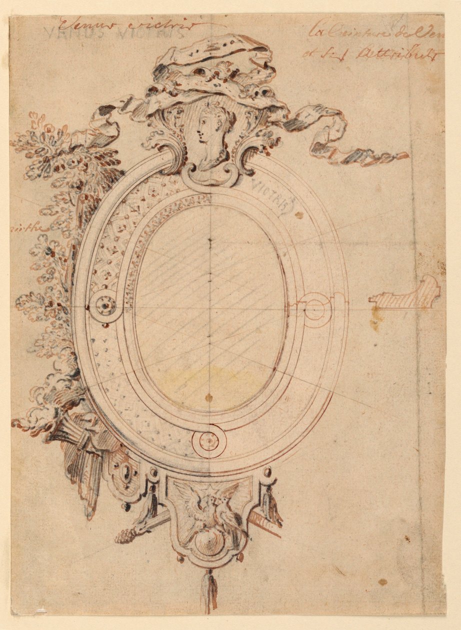 Design til en oval ramme med temaet Venus Victorious af Gilles Marie Oppenord