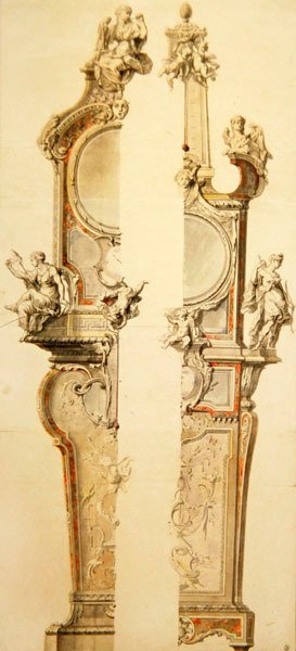 Design af et etui til ur og barometer med termometer, to versioner, begyndelsen af 1730