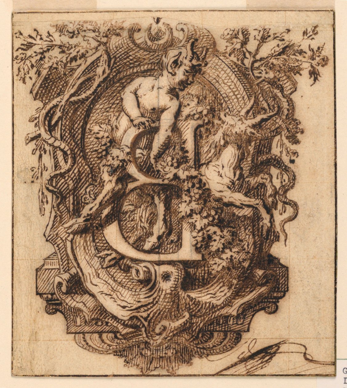 Ornamental design til bogstavet B af Gilles Marie Oppenord