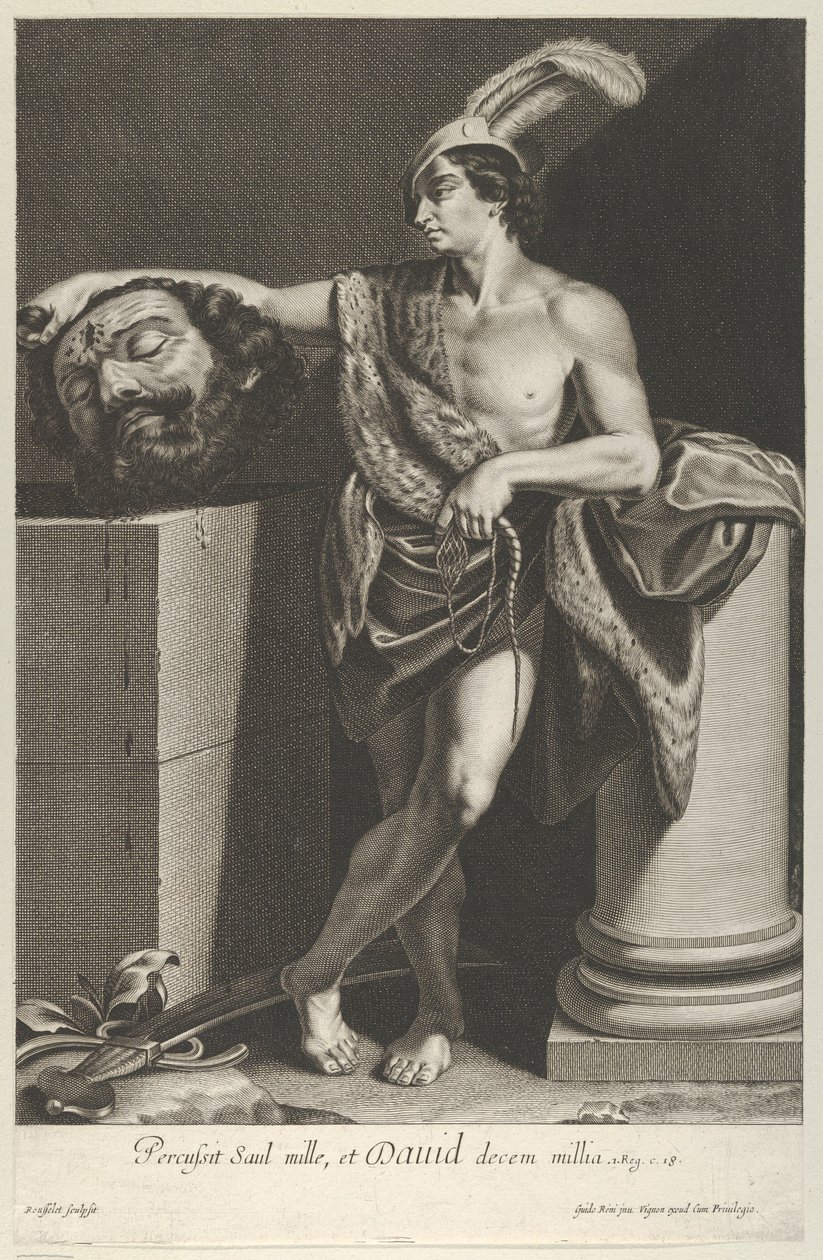 David står med krydsede ben og holder Goliats hoved på en piedestal ved l..., ca. 1635-45. af Gilles Rousselet