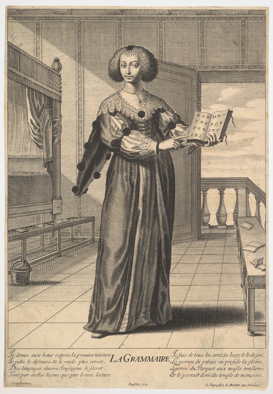 Grammatik: en ung kvinde stående i et dekoreret interiør med en åben bog i venstre side..., 1633-35. af Gilles Rousselet