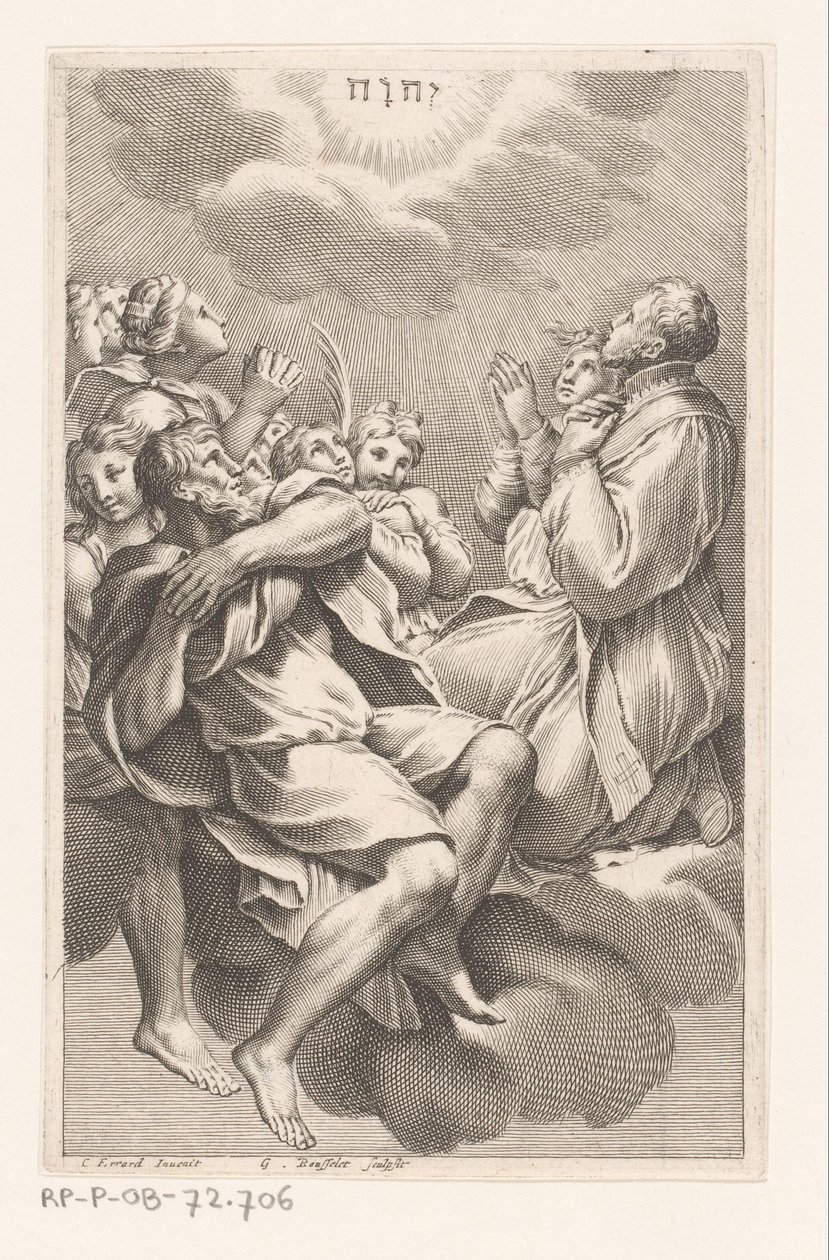 Gruppe af mænd og kvinder på skyer i tilbedelse af tetragrammet af Gilles Rousselet