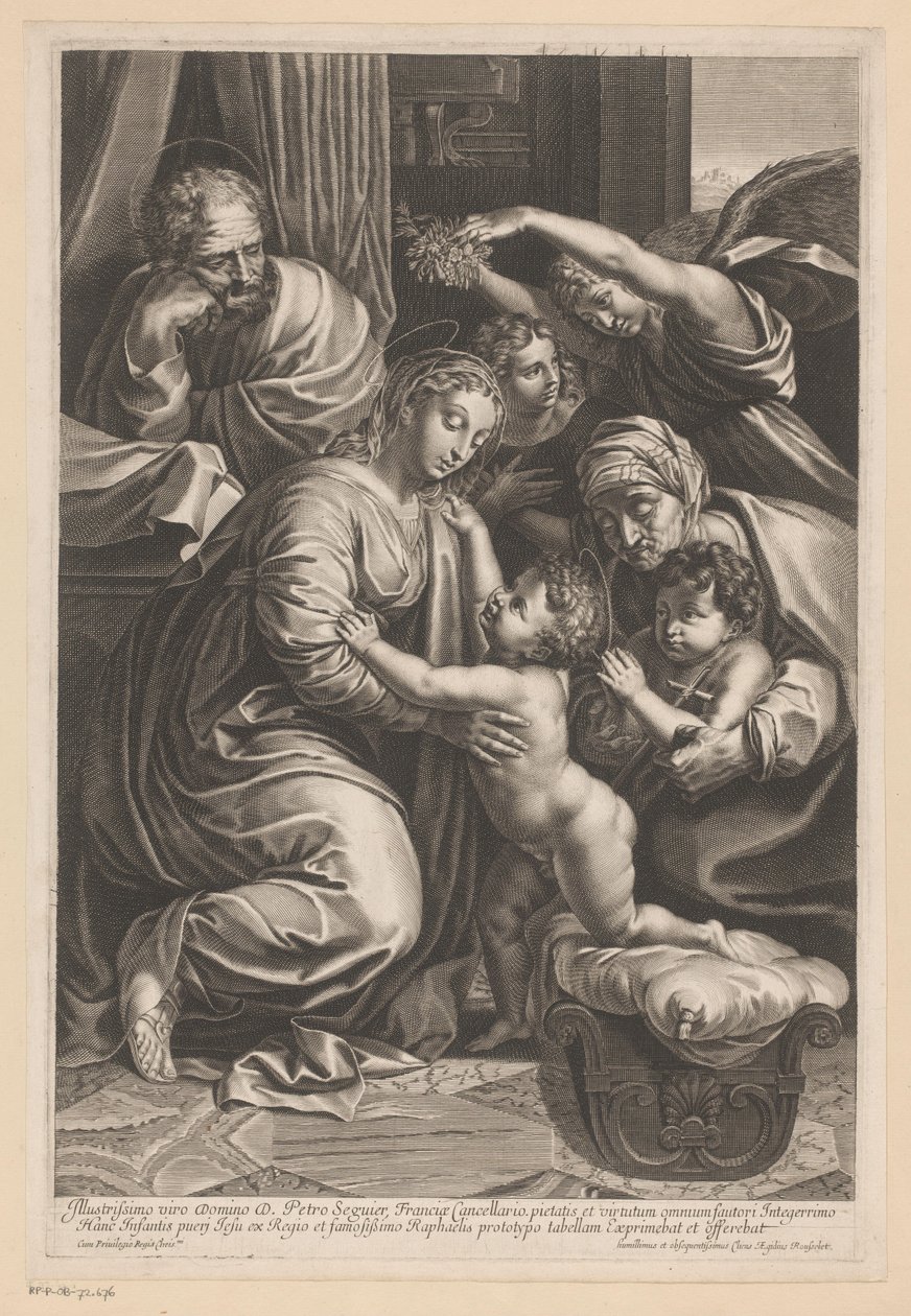 Hellig familie med Elizabeth, Johannes Døberen og engle af Gilles Rousselet
