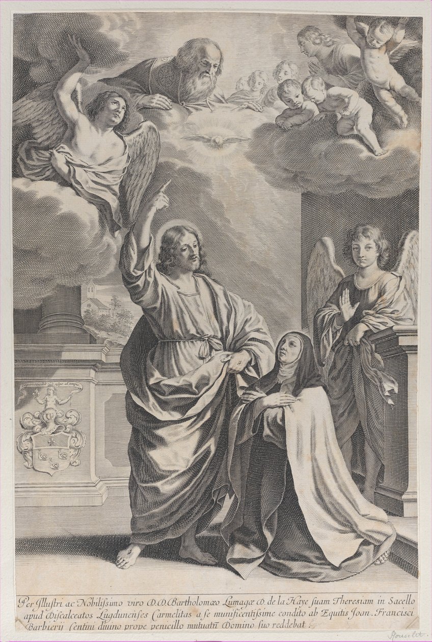 Den hellige Theresa beder sammen med Kristus, som peger opad mod Gud Faderen og ..., 1635-1700. af Gilles Rousselet
