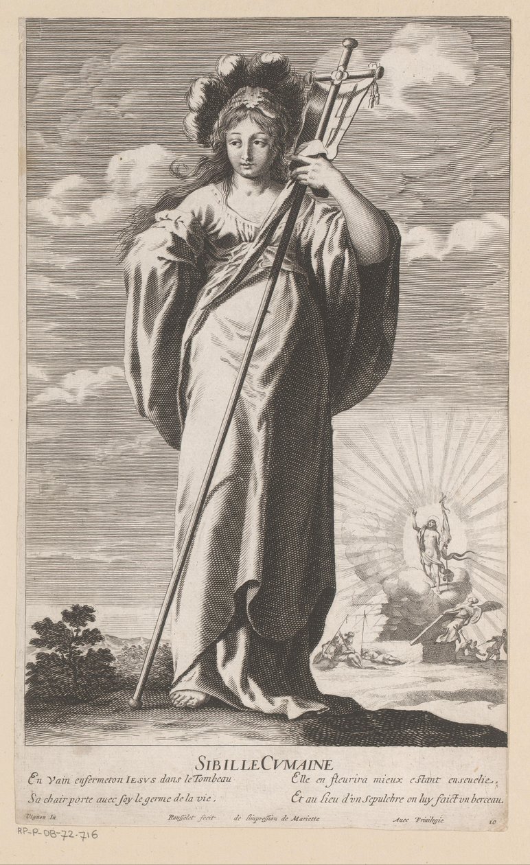 Sibylle af Cumae, med Kristi opstandelse i baggrunden Sibyl Cumaine (titel på objekt) Sibylls (serietitel) Les Sibylles (serietitel) af Gilles Rousselet