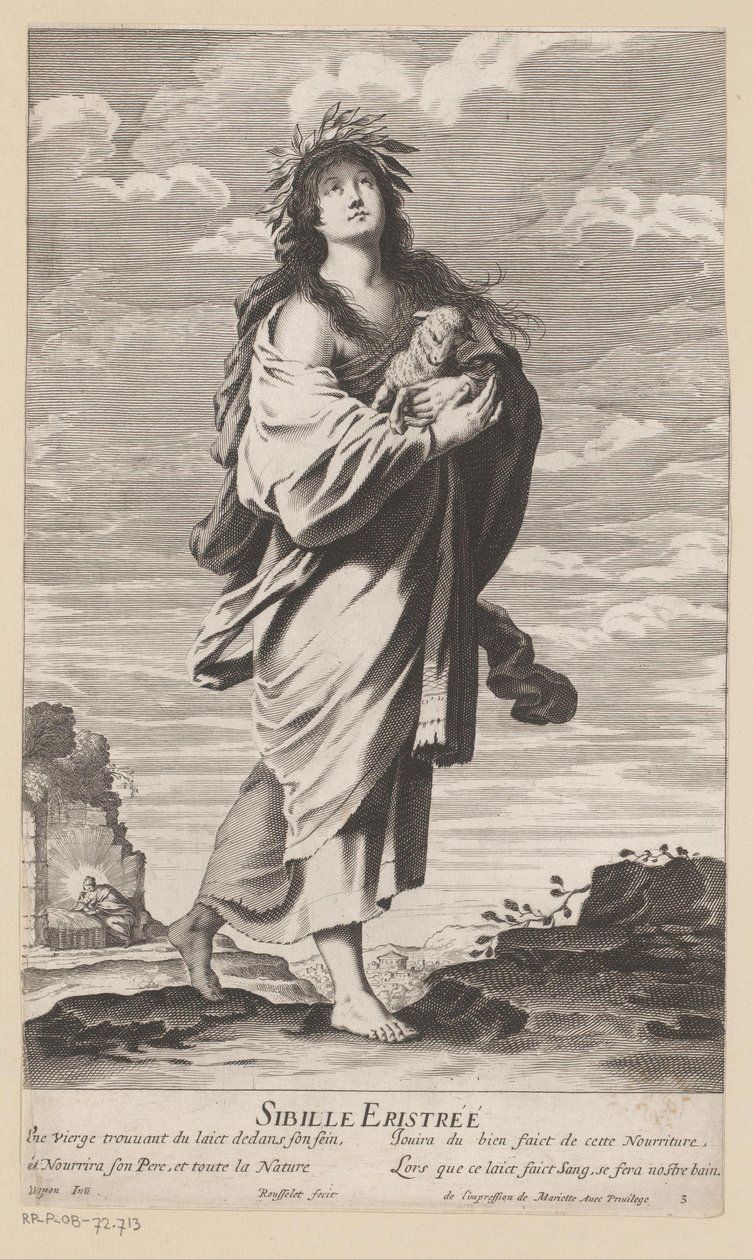 Sibylle af Erythrae, med Maria og Barn i baggrunden Sibille Eritrée (titel på objekt) Sibylls (serietitel) Les Sibylles (serietitel) af Gilles Rousselet