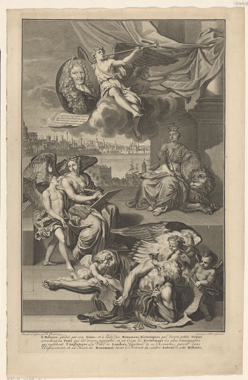 Allegori over Storbritanniens historie med portrættet af Isaac de Larrey Titelside for: Isaac de Larrey, Histoire d