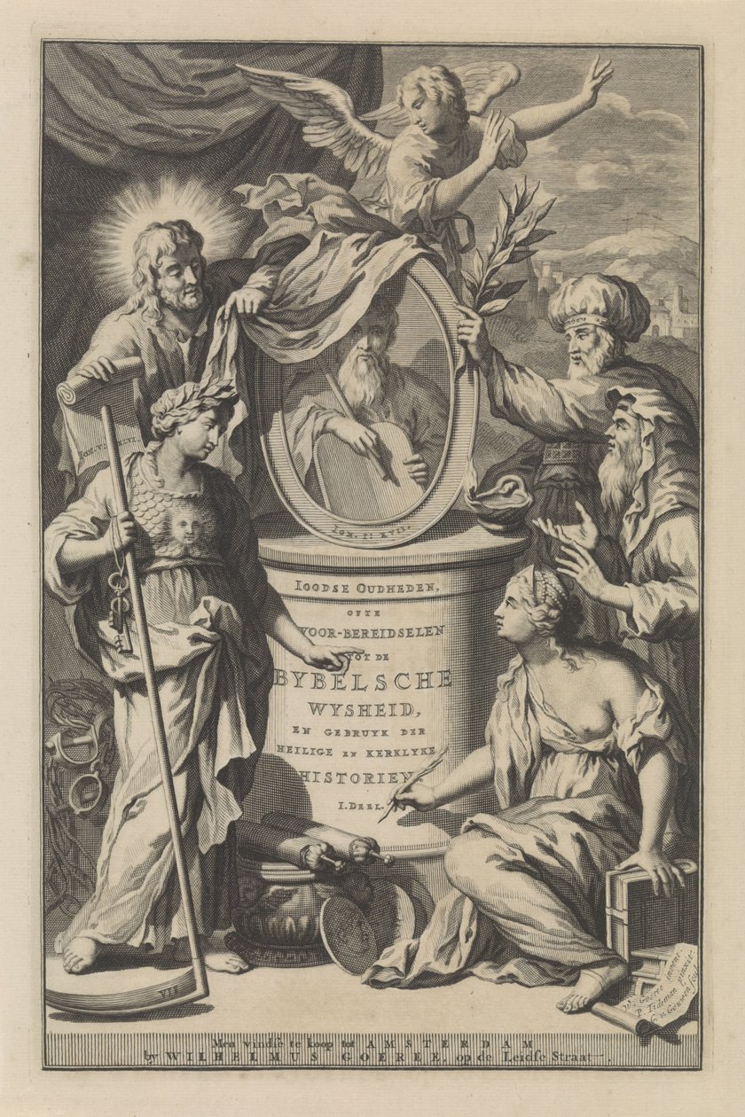 Bibelske figurer afslører portrættet af Moses Titelside til Wilhelmus Goeree, Forberedelser til bibelsk visdom og brugen af ​​hellige og kirkelige historier, 1690 af Gilliam van der Gouwen