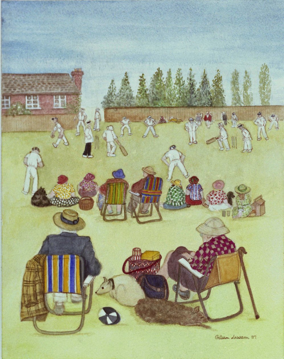 Cricket on the Green, 1987 (akvarel på papir) af Gillian Lawson