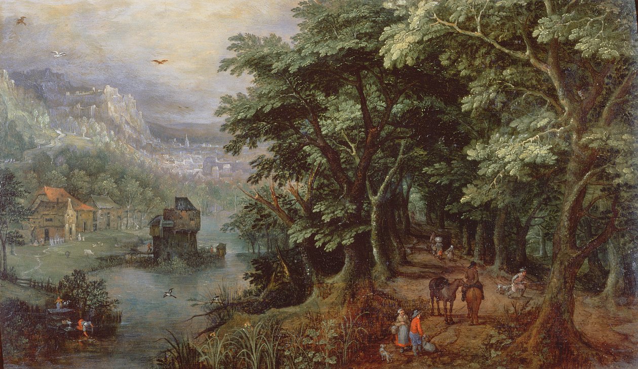 Landskab med figurer i en allé, ca. 1595 (panel) af Gillis van III Coninxloo