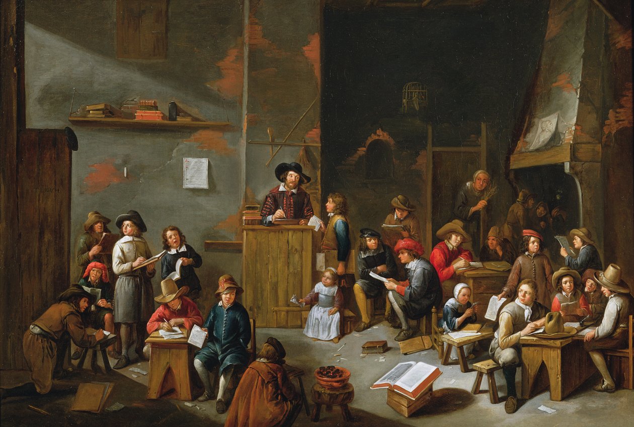 Det indre af en skolestue af Gillis van Tilborgh the younger