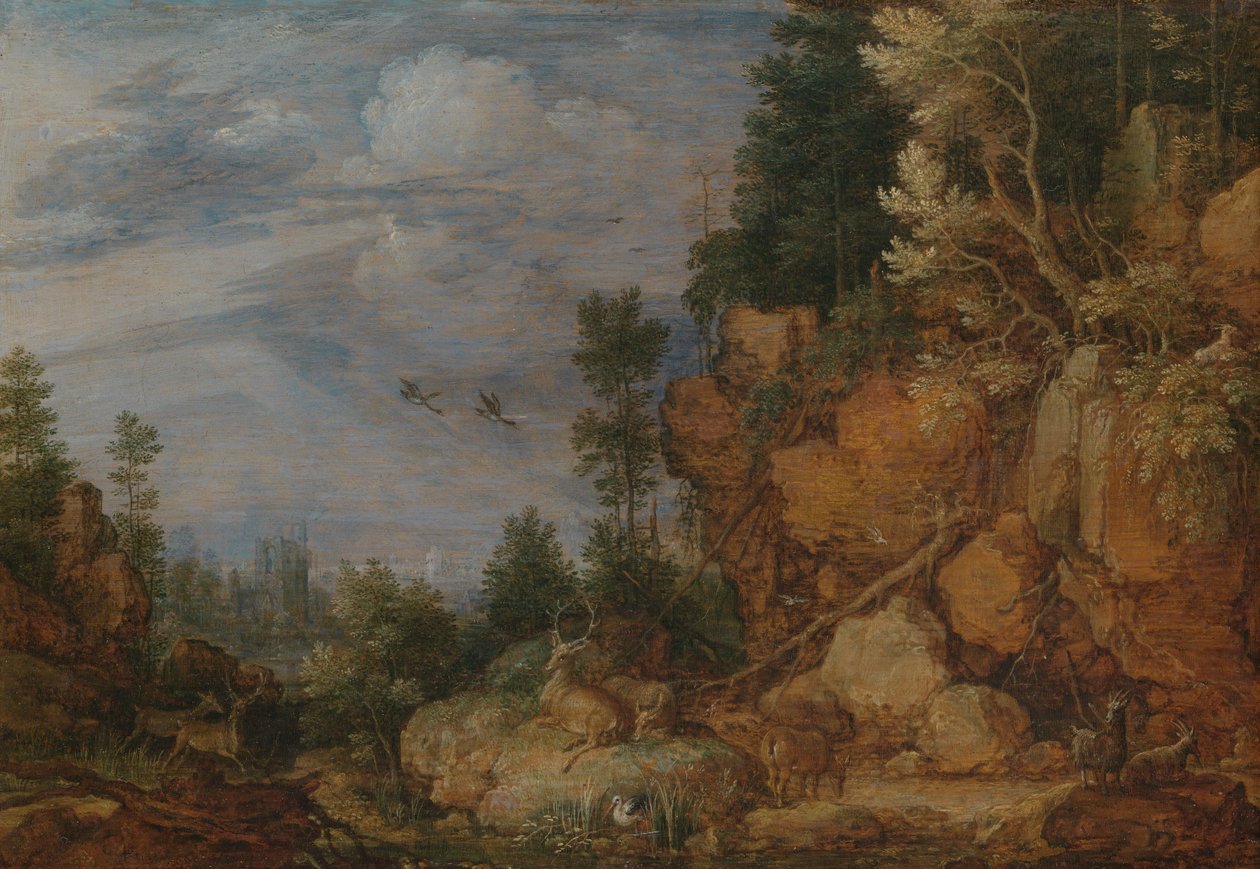 Klippelandskab med hjorte og geder af Gillis Claesz de Hondecoeter