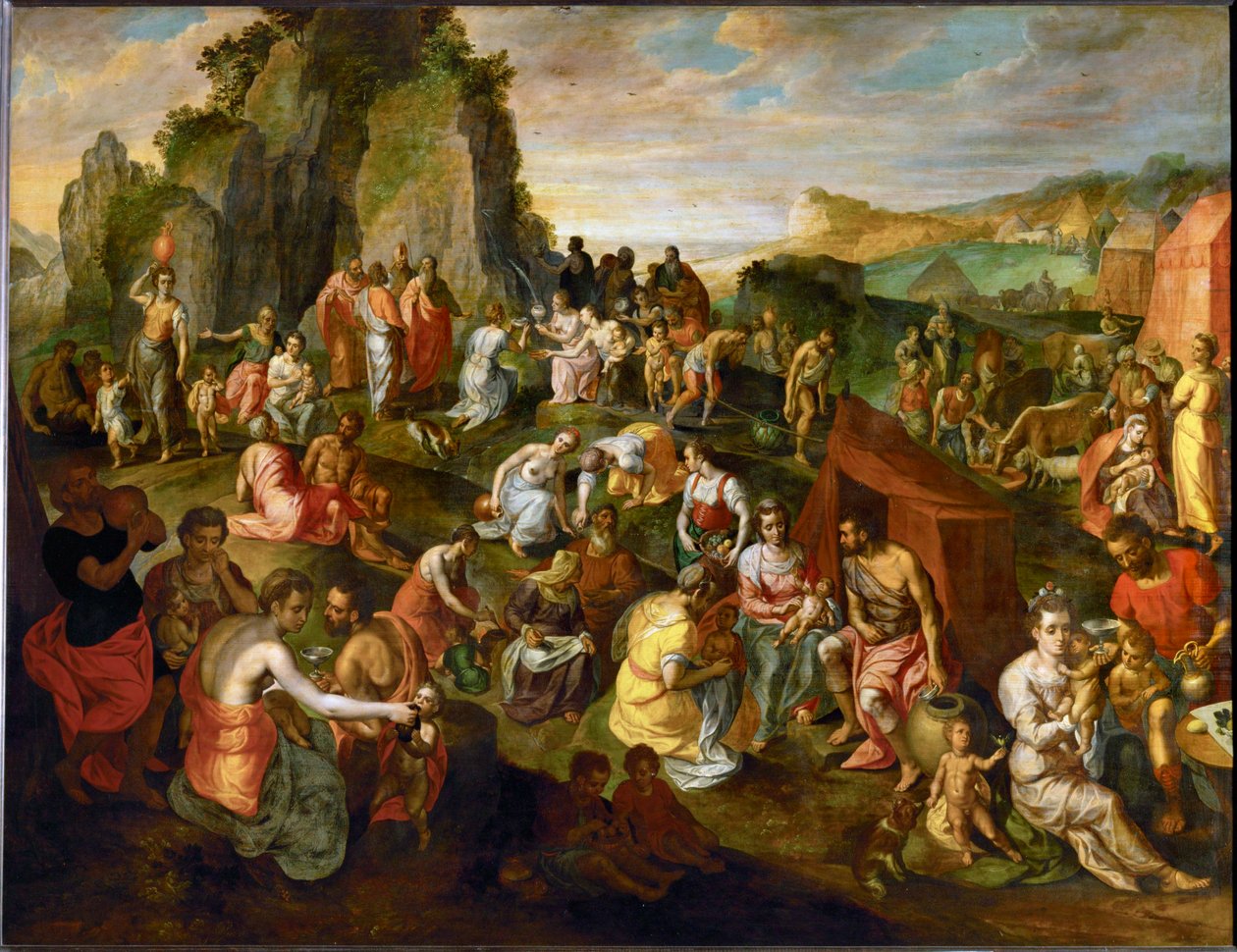 Moses henter vand fra klippen (maleri på egetræ) af Gillis Mostaert