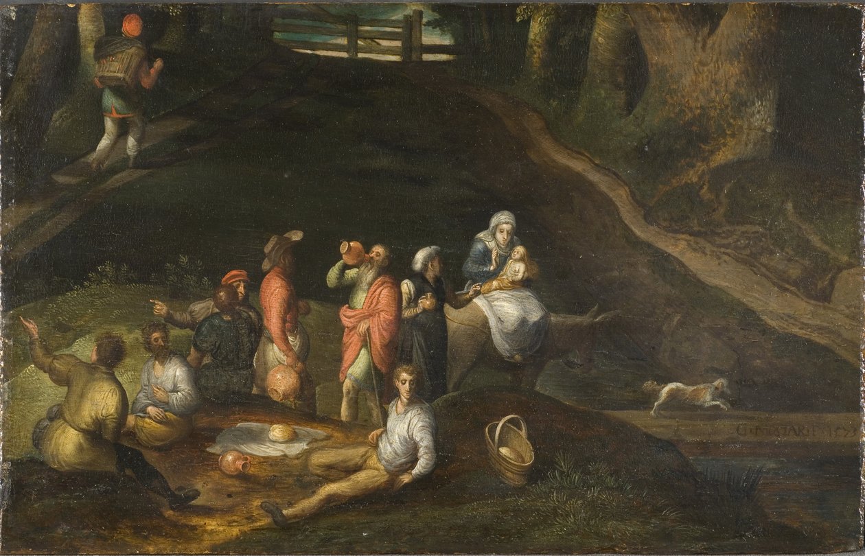 Paysage avec la Sainte Famille - Landskab med den hellige familie, af Mostaert, Gillis (1534-1598). Olie på træ af Gillis Mostaert