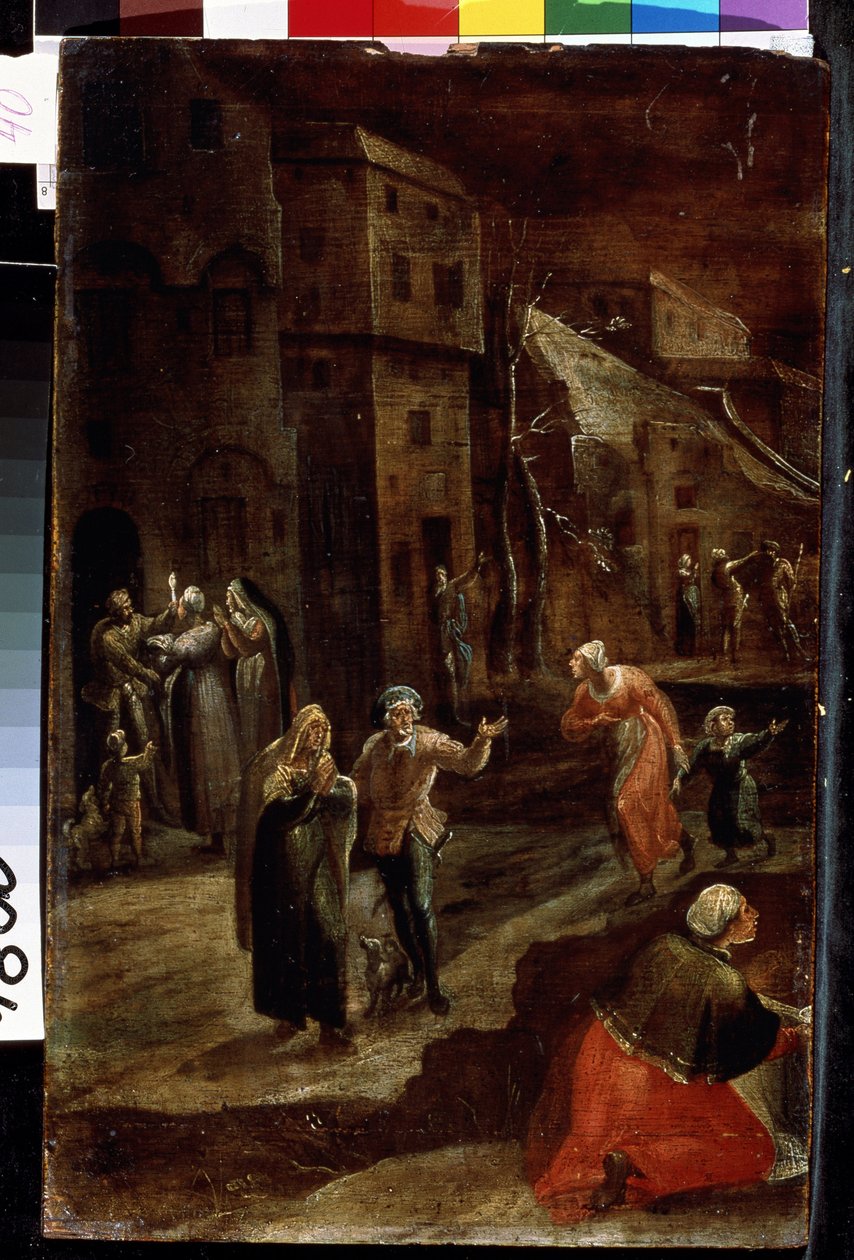 ""Gadescene om natten"" (Natscene i en by) Indbyggere i en by i Holland, der ser ud til at flygte fra en trussel, løber og søger tilflugt i husene, indtryk af frygt og angst. Maleri af Gillis Mostaert (1534-1598) Lviv, Museum of B af Gillis Mostaert