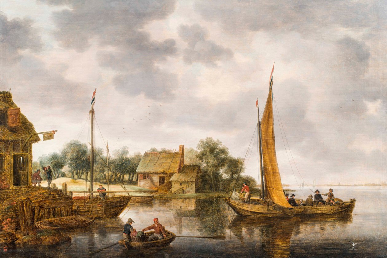 Et flodlandskab med en færge, ca. 1640