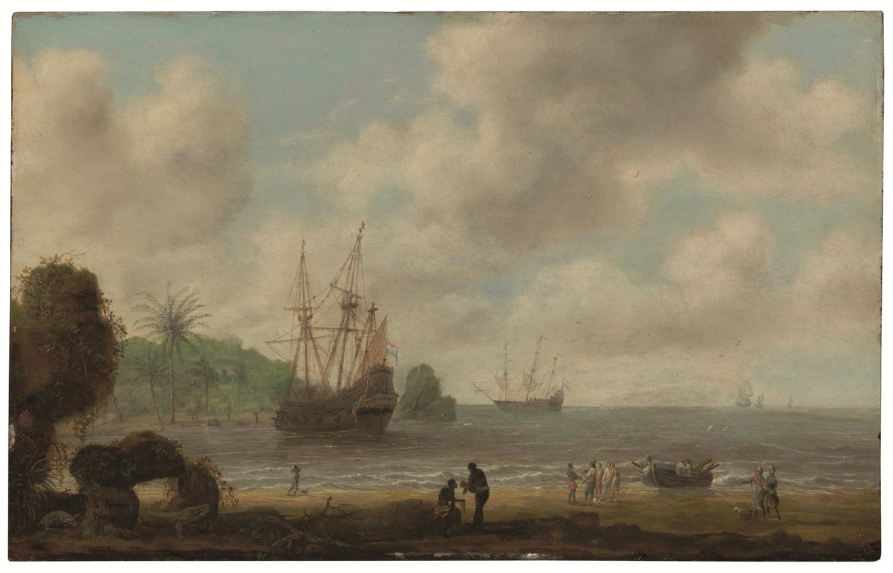Det hollandske krigsskib Amsterdam foran den brasilianske kyst (olie på panel) af Gillis Peeters