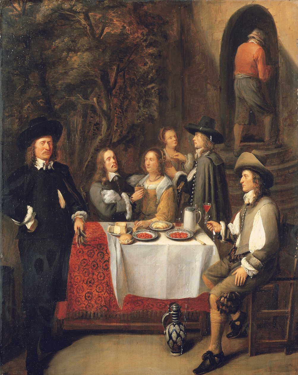 Elegant selskab ved et bord på en terrasse af Gillis Van Tilborch