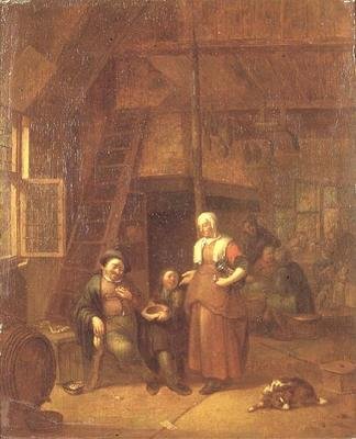 Det indre af en kro med en mand, der betaler en tjenerinde af Gillis de Winter