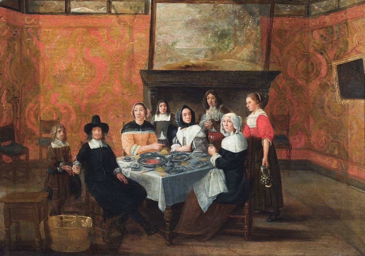 Et interiør med en familie ved et måltid (olie på lærred) af Gillis van (circle of) Tilborgh