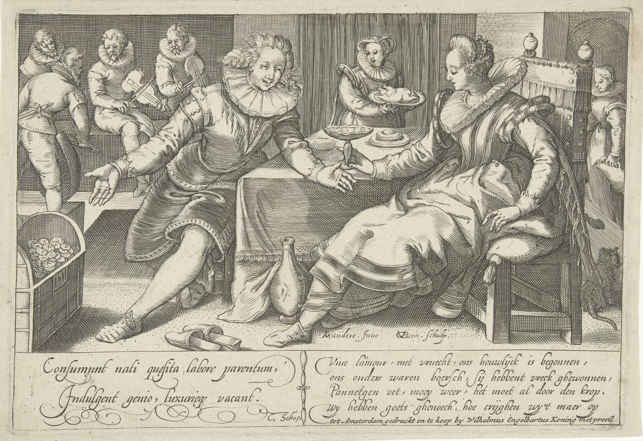 Spild i ægteskabet Elegant par ved bordet i et værelse af Gillis van Breen