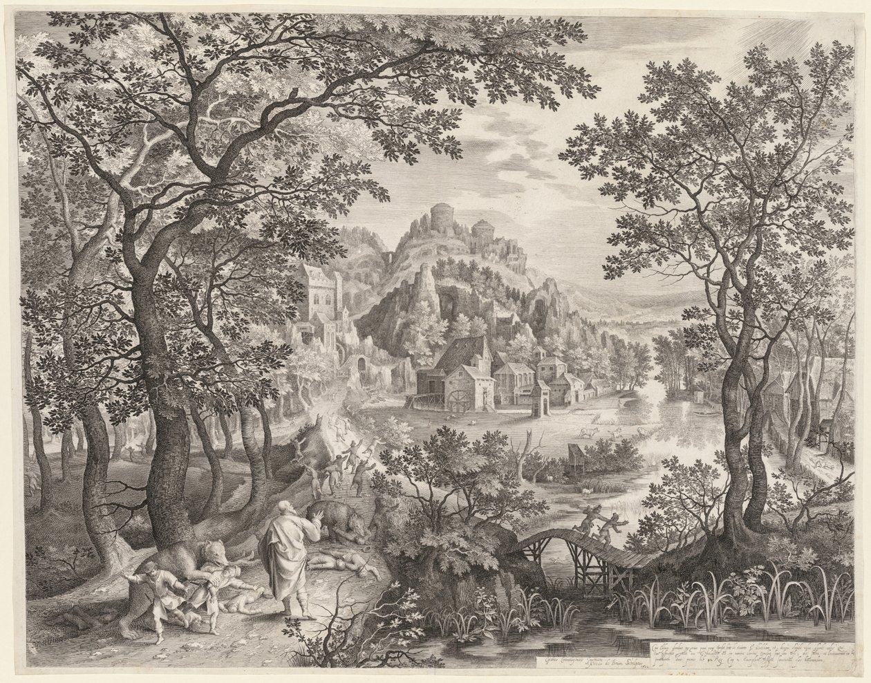 Elisha forbander Betel-børnene, som bliver fortæret af bjørnene, 1602. af Gillis van Coninxloo