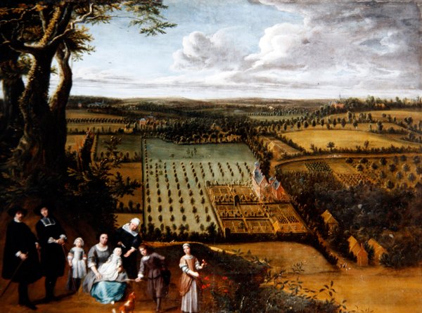 Portræt af en patricierfamilie med udsigt til deres Manoir (olie på lærred) af Gillis van and Hondt Lambert de Tilborgh