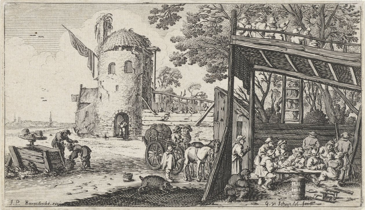 Landmænd omkring et bord i en lade (Smagen) Landskaber med de fem sanser (serietitel) af Gillis van Scheyndel (I)