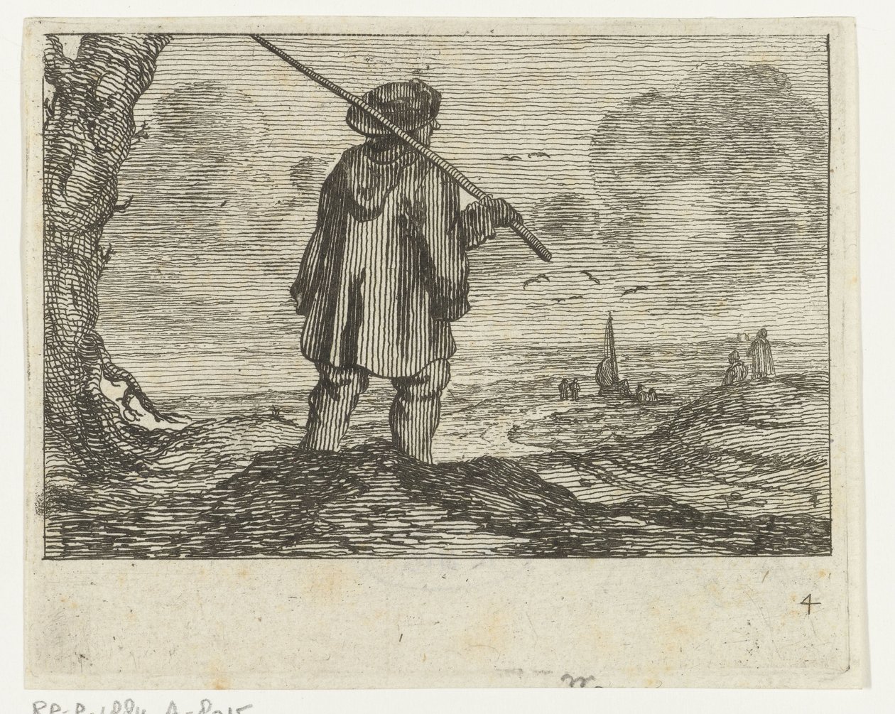 Klitlandskab med en mand, med en stav på skulderen Verscheyden Strande og vandlandskaber udført af Jan Percelles (serietitel) af Gillis van Scheyndel (I)