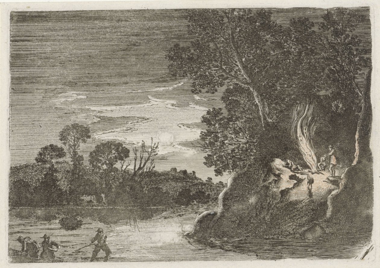 Figurer omkring et lejrbål Syv landskaber (serietitel) af Gillis van Scheyndel (I)