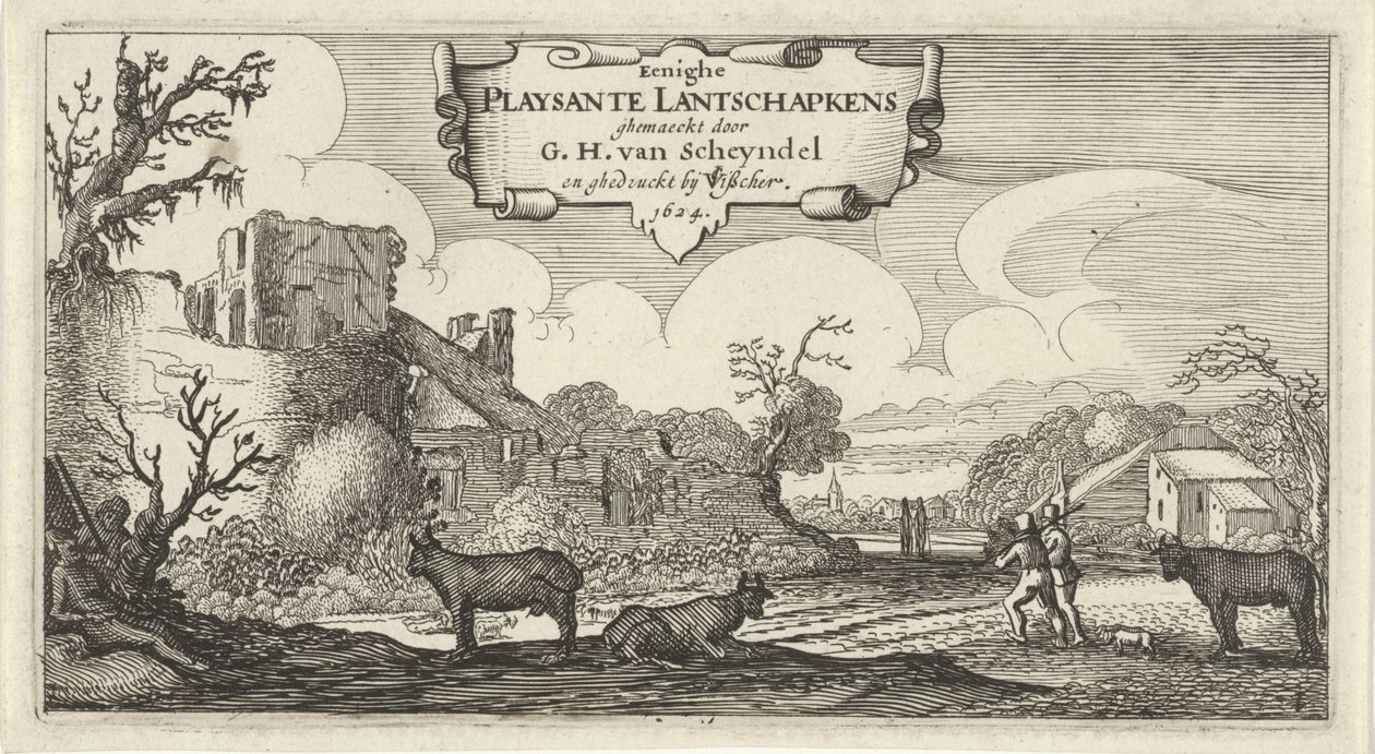 Titelprint af tolv landskaber med figurer Eenighe Playsante Lantschapkens (titel på objekt) Tolv landskaber med figurer (serietitel) af Gillis van Scheyndel (I)