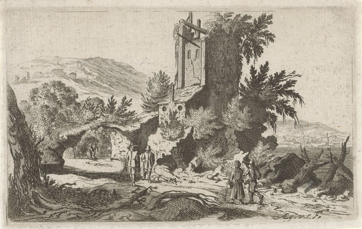 Vandrere ved en ruin Seks landskaber (serietitel) af Gillis van Scheyndel (I)