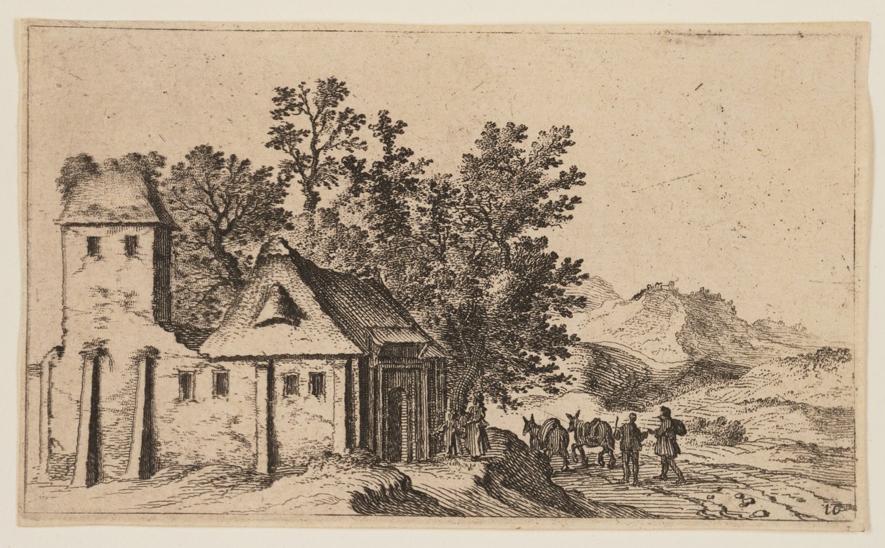 Gård før træer i bakket land, fra Twelve Landscapes af Gillis van Scheyndel