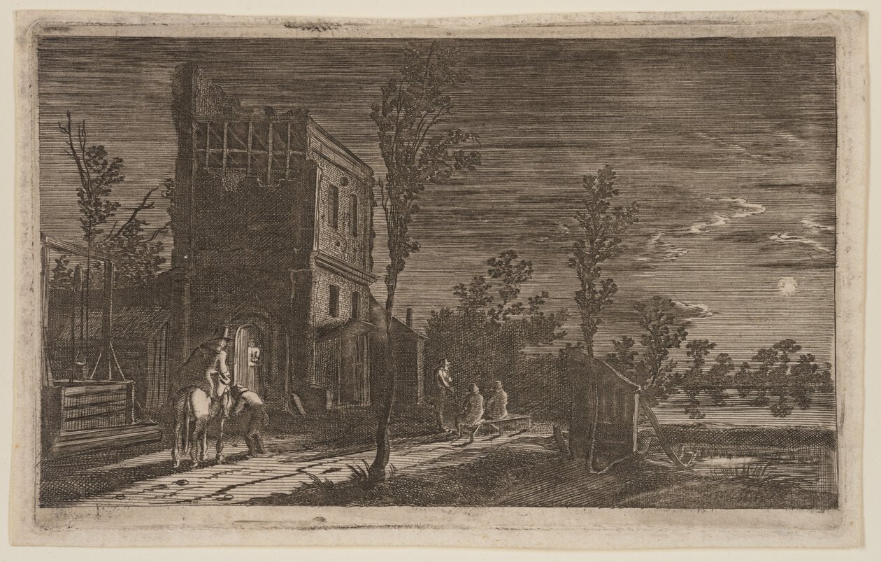 Figurer ved et forfaldent tårn: Moonlit Nocturne, fra Seks landskaber af Gillis van Scheyndel