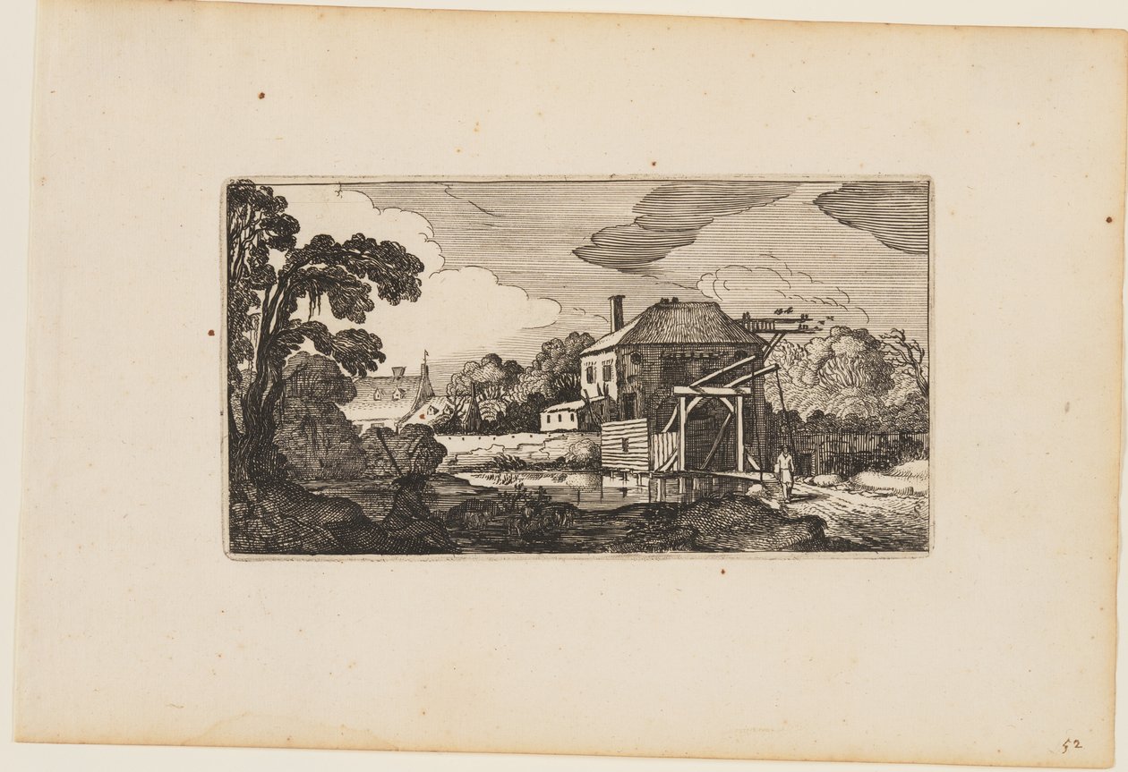Dammen foran træbroen og et hus, fra Tolv landskaber med figurer af Gillis van Scheyndel