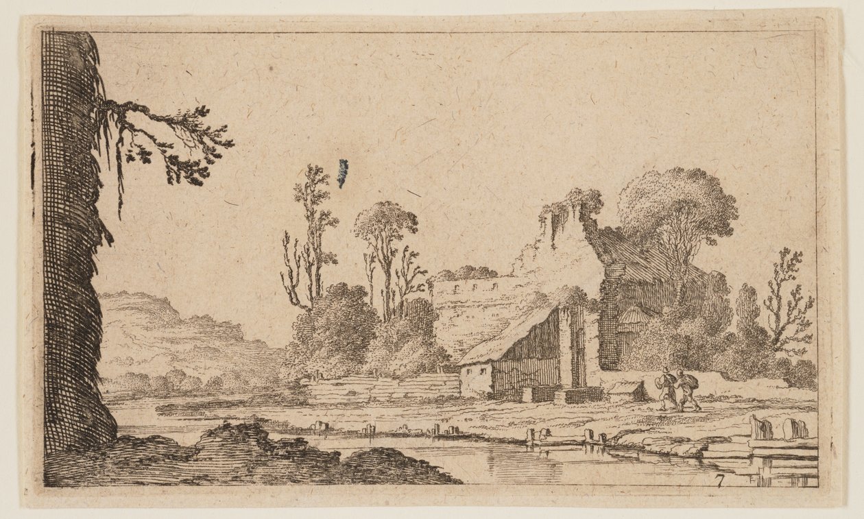 Ruiner forvandlet til en gård ved en flod, fra Twelve Landscapes af Gillis van Scheyndel